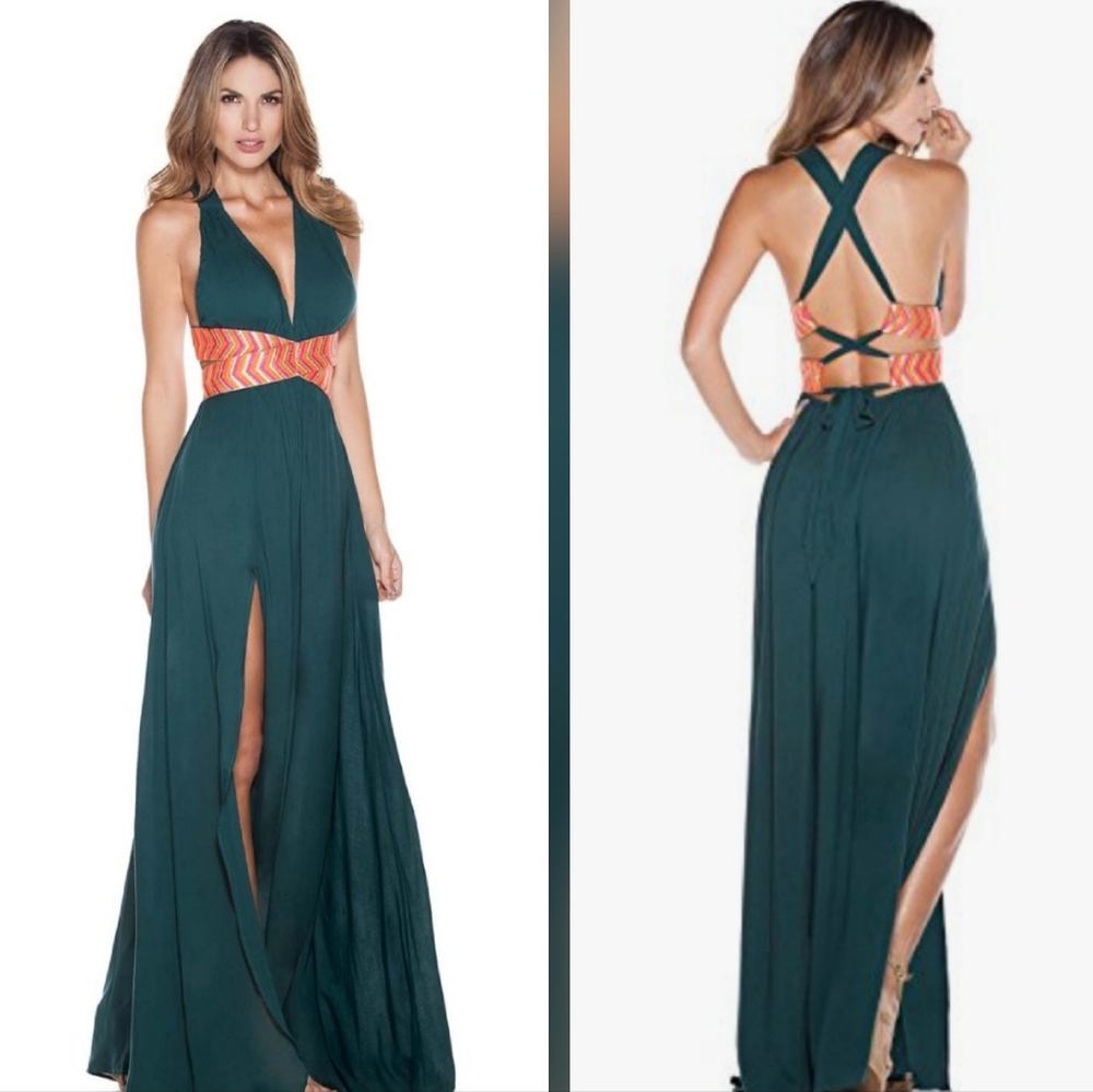Dark Green Halter Maxi Cutout Dress